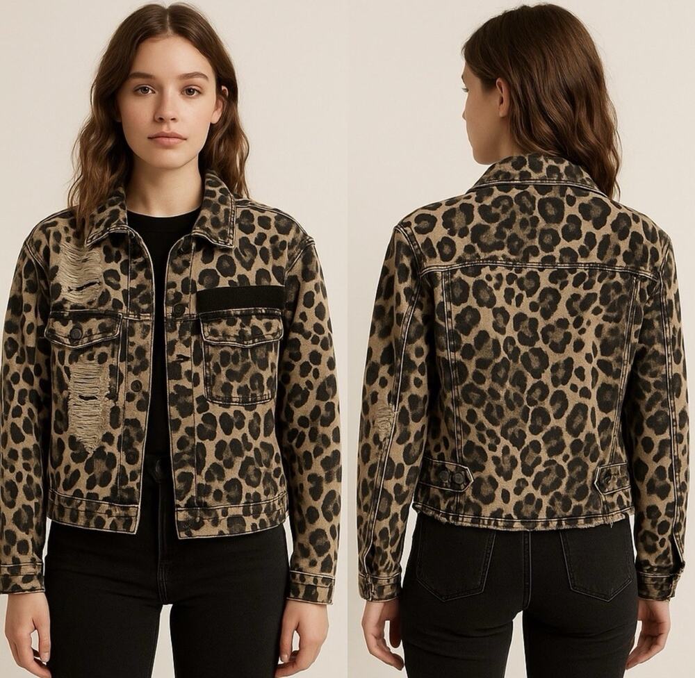 Dance And Marvel Leopard Distressed denim Jacket, Fits Med (D27)